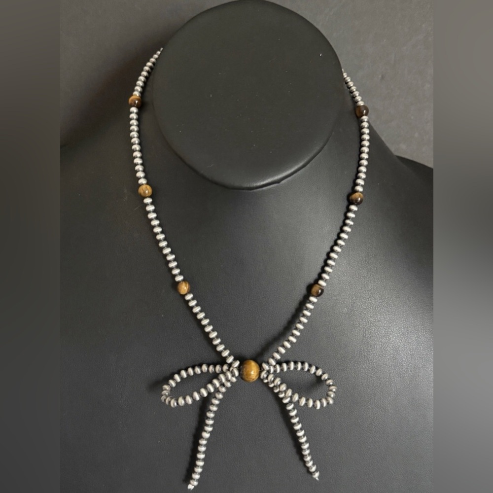 Bow Sterling Silver Tigers Eye 4mm Pearls Bead Necklace. 18 inch